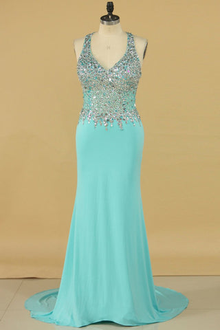 V Neck Beaded Bodice Sheath Sweep Train Spandex Prom Dresses