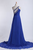 Prom Dresses Beaded&Ruffled One Shoulder Chiffon With Slit