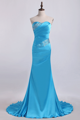 Mermaid Strapless Elastic Satin With Beadings Prom Dresses Sweep/Brush Train