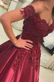 Burgundy Prom Dress Satin Ball Gown Off-The-Shoulder With Applique