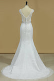 Scoop Cap Sleeves Mermaid Wedding Dresses Beaded Waistband Lace