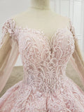 Elegant Ball Gown Pink Long Sleeves Appliques Prom Dresses, Quinceanera SJS20482