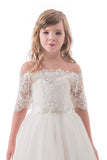 Boat Neck Mid-Length Sleeves A Line Tulle With Applique Flower Girl Dresses