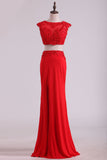 Scoop Two-Piece With Applique And Beads Spandex Sheath Prom Dresses