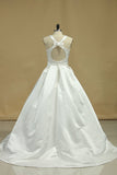 Open Back Scoop A Line Wedding Dresses Satin Sweep Train