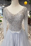 Long Sleeves V Neck Prom Dresses Tulle A Line Sequins