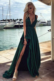 V Neck A Line Satin Prom Dresses With Slit Sweep Train