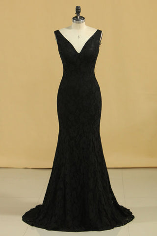 Black Lace Evening Dresses V Neck Open Back Sweep Train Sheath Size 8