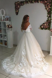 Wedding Dresses A Line V Neck 3/4 Length Sleeves Tulle With Applique