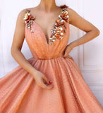 Charming Orange 3D Flowers Long Prom Dresses V-neck Tulle Cheap Evening Dresses SJS15120