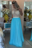 Scoop Chiffon & Lace With Beading A Line Sweep Train Prom Dresses