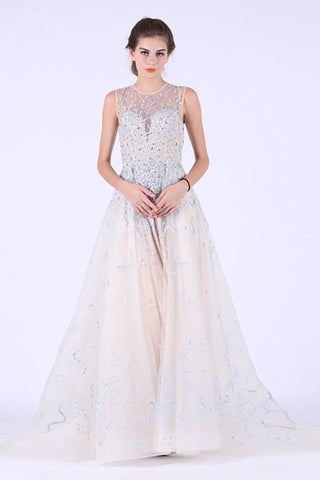 Prom Dresses Scoop Tulle With Beads And Embroidery A Line