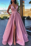 A Line V Neck Black SatinFormal Evening Dresses With Pockets Long Prom Dresses