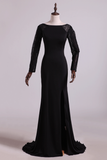 Open Back Bateau Prom Dresses Sheath Spandex Black With Beading