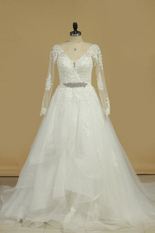 Long Sleeves V Neck Tulle With Applique A Line Wedding Dresses