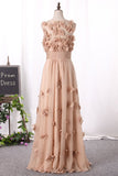 Prom Dresses Scoop A Line With Handmade Flower And Ruffles Floor Length