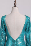 Sexy Open Back Long Sleeve Prom Dresses Sequins Mermaid Sweep Train