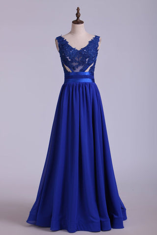 V-Neck Prom Dresses A Line Chiffon With Applique Dark Royal Blue