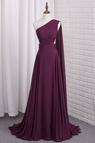 One Shoulder A Line Chiffon Prom Dresses With Ruffles Sweep Train