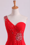 Red One Shoulder A Line Prom Dresses Chiffon Floor Length With Beading And Ruffles