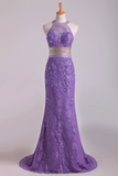 Popular Mermaid High Neck Prom Dresses Lace With Beads Sweep Train Purple