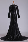 Prom Dresses V Neck Long Sleeves Sequins Sweep Train Black