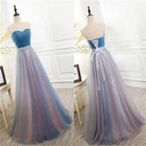 Elegant Tulle Long Vintage Sleeveless Sweetheart Strapless Blue Lace-up Prom Dresses JS778