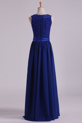 Dark Royal Blue Prom Dresses Scoop A Line Chiffon With Beading Floor Length