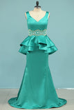 Satin Prom Dresses Mermaid V Neck With Beading Sweep Train