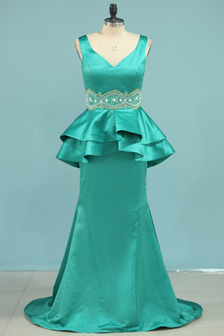 Satin Prom Dresses Mermaid V Neck With Beading Sweep Train