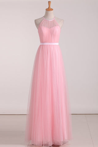 Floor Length Halter Ruched Bodice A Line Tulle Bridesmaid Dresses