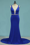 Prom Dresses Mermaid V Neck Spandex With Beading Open Back