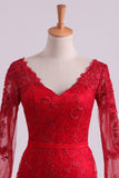 Red V-Neck Evening Dresses Mermaid With Applique Lace And Tulle