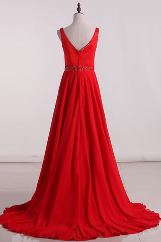 A Line V Neck Prom Dresses Chiffon With Beading Sweep Train