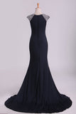 Scoop Sheath Spandex With Beading & Slit Sweep Train Prom Dresses