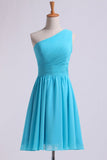 One Shoulder Bridesmaid Dresses A Line Knee Length Chiffon With Ruffle