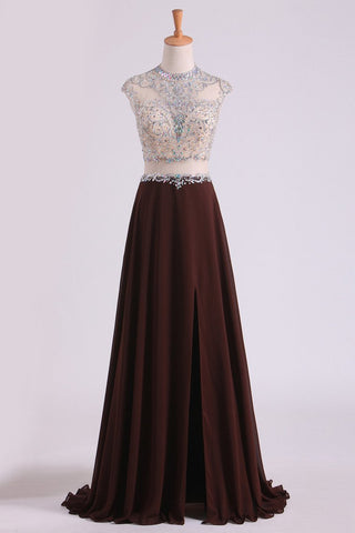 Scoop Prom Dresses A Line Beaded Bodice Chiffon & Tulle With Slit Color Chocolate