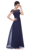 Elegant Lace Cap Sleeve Chiffon Evening Gowns Open Back Bateau Long Prom Dresses SJS15170