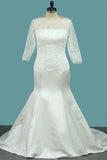 Bateau Mermaid 3/4 Length Sleeves Satin Wedding Dresses Court Train Detachable