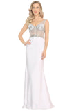 Spandex V Neck Beaded Bodice Mermaid Sweep Train Prom Dresses See-Through