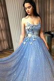 A-line Blue Spaghetti Straps Sweetheart Long Prom Dresses, Evening Dresses SJS15048