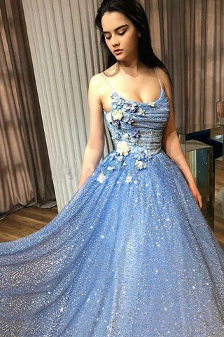 A-line Blue Spaghetti Straps Sweetheart Long Prom Dresses, Evening Dresses SJS15048