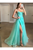 Spaghetti Straps High Slit Evening Dress Appliqued Sweep Train Long Prom SJSPK6C7A1K