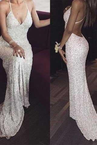 White sequin mermaid long prom dress for teens sequin evening dress JS393