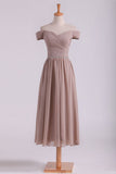 Off The Shoulder Bridesmaid Dresses A-Line Tea Length Chiffon