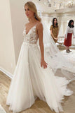 Elegant A line Spaghetti Straps V Neck Tulle Wedding Dresses, Wedding SJS20411