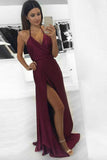 Charming Halter V-Neck Open Back Simple Cheap Elegant Burgundy Prom Dresses