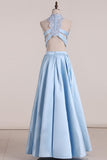 Two Pieces Prom Dresses Satin With Applique Floor Length Lace Bodice