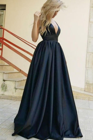 Empire Waist Deep V-Neck Long A-Line Navy Blue Simple Cheap Prom Dresses