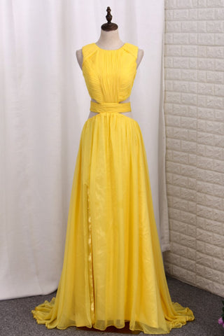 New Arrival Scoop With Ruffles And Slit Prom Dresses A Line 30D Chiffon